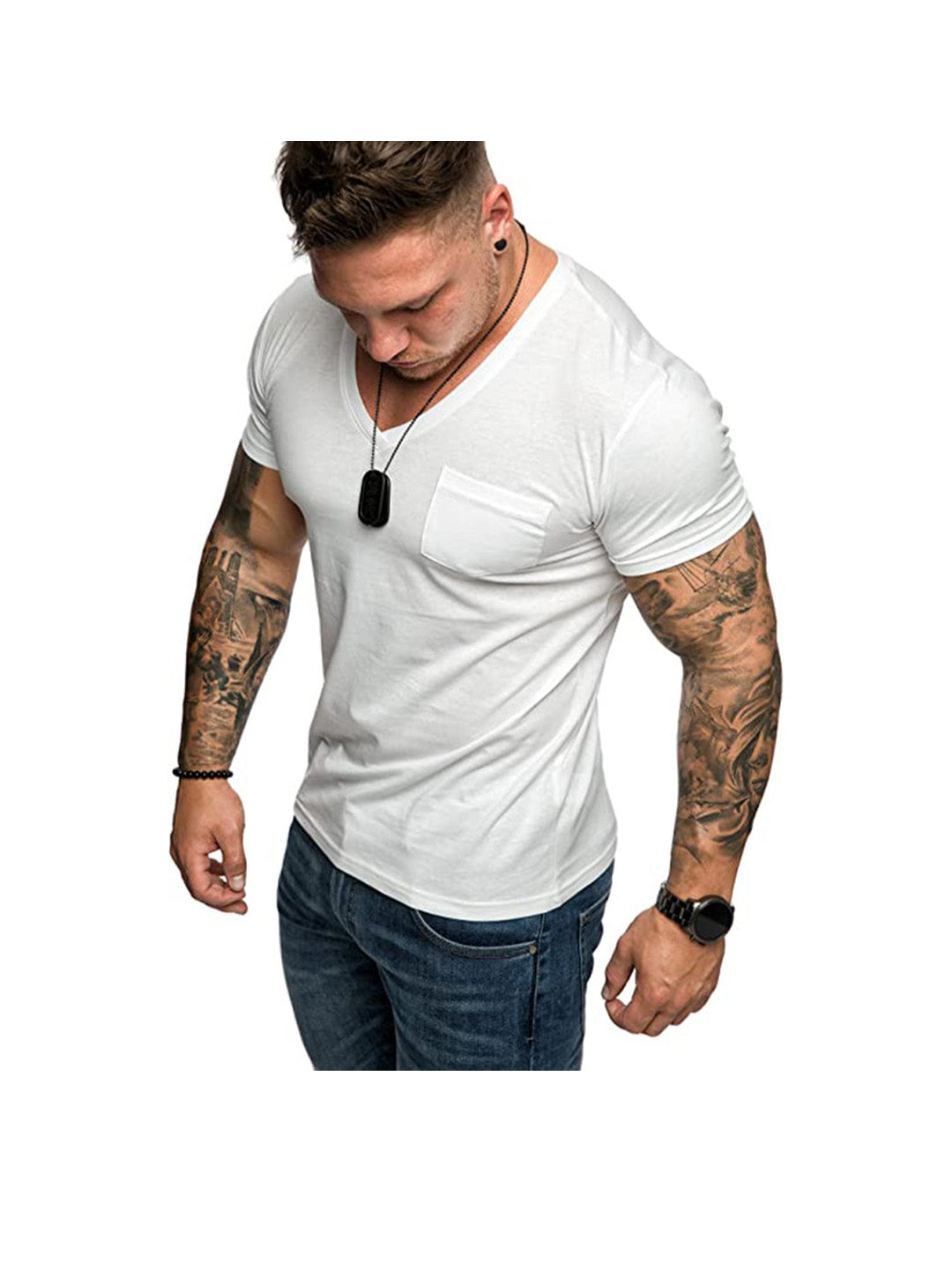 Dennis Solid Color Patch Pocket V-neck T-shirt
