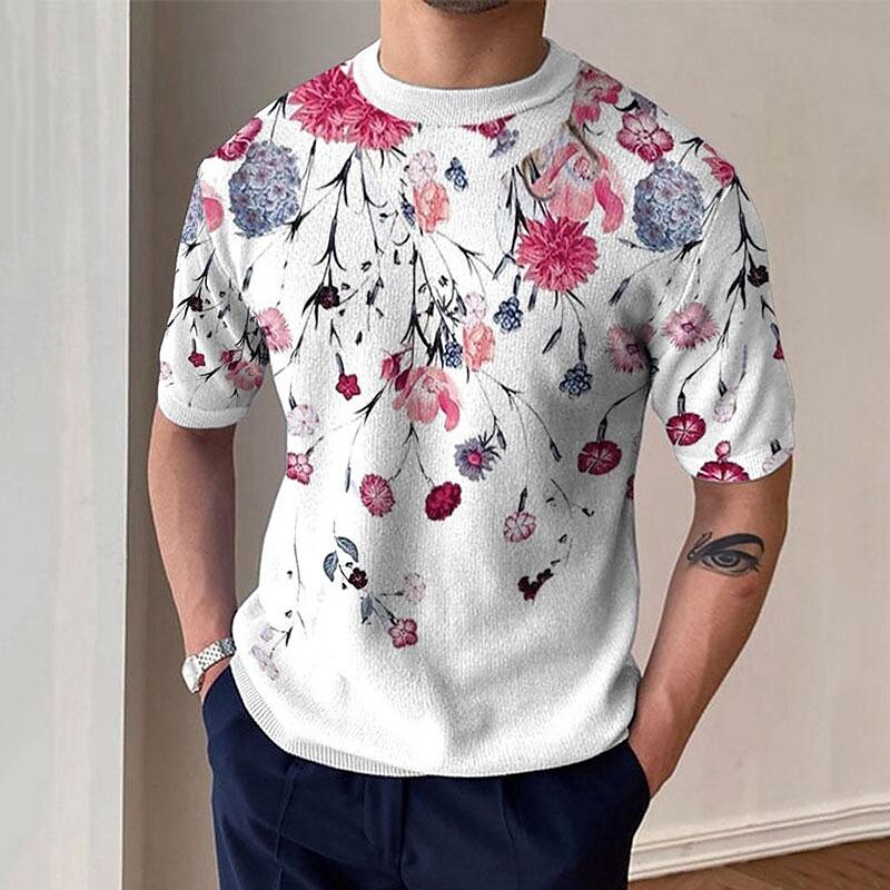 Men's Faux Cotton Knit Crew Neck Fixed Floral Print Short Sleeve T-Shirt