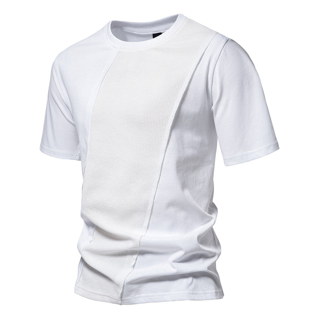 Men's Cotton Waffle Patchwork Round Neck Short Sleeve T-Shirt