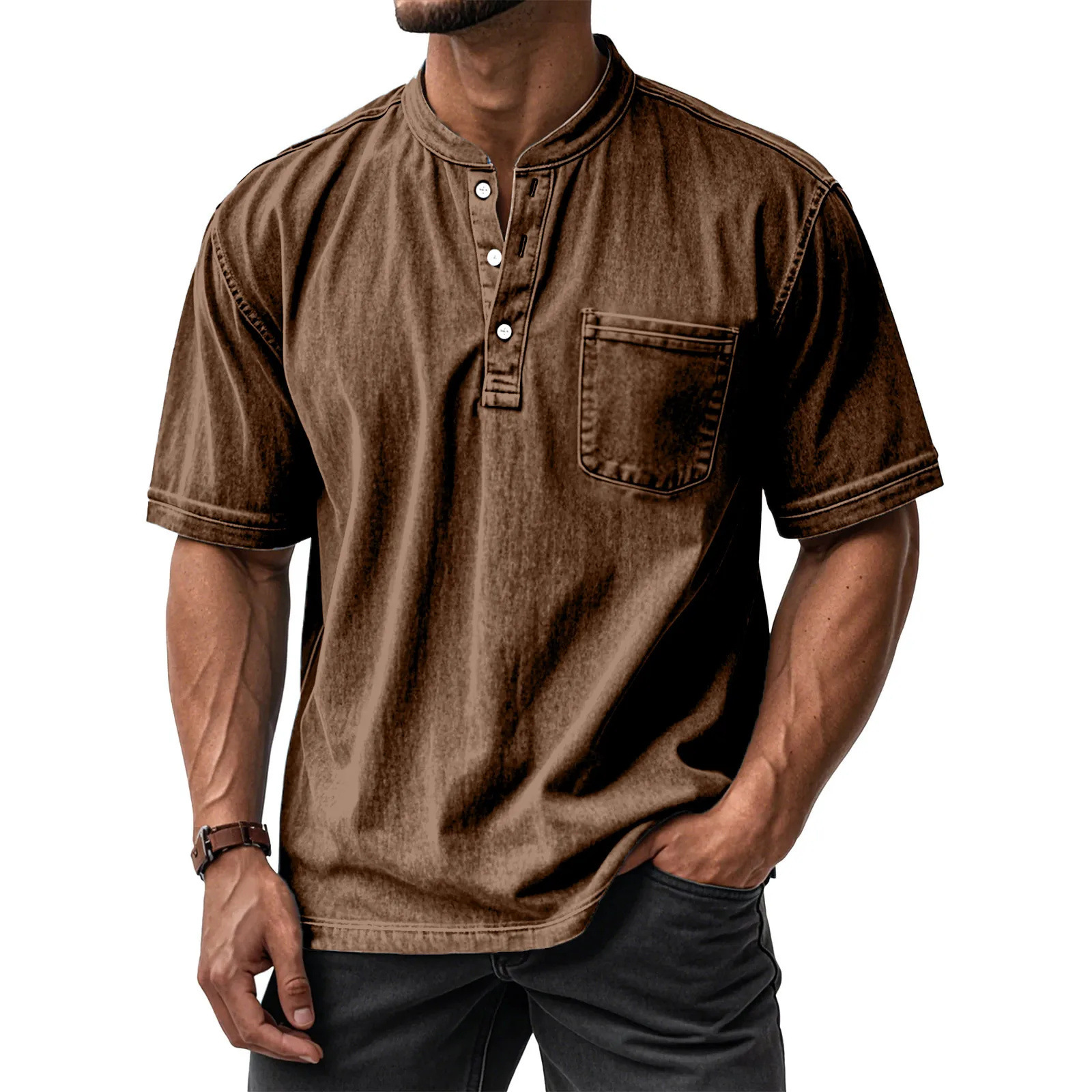 Men's Washed Cotton Short Sleeve Henley T-Shirt