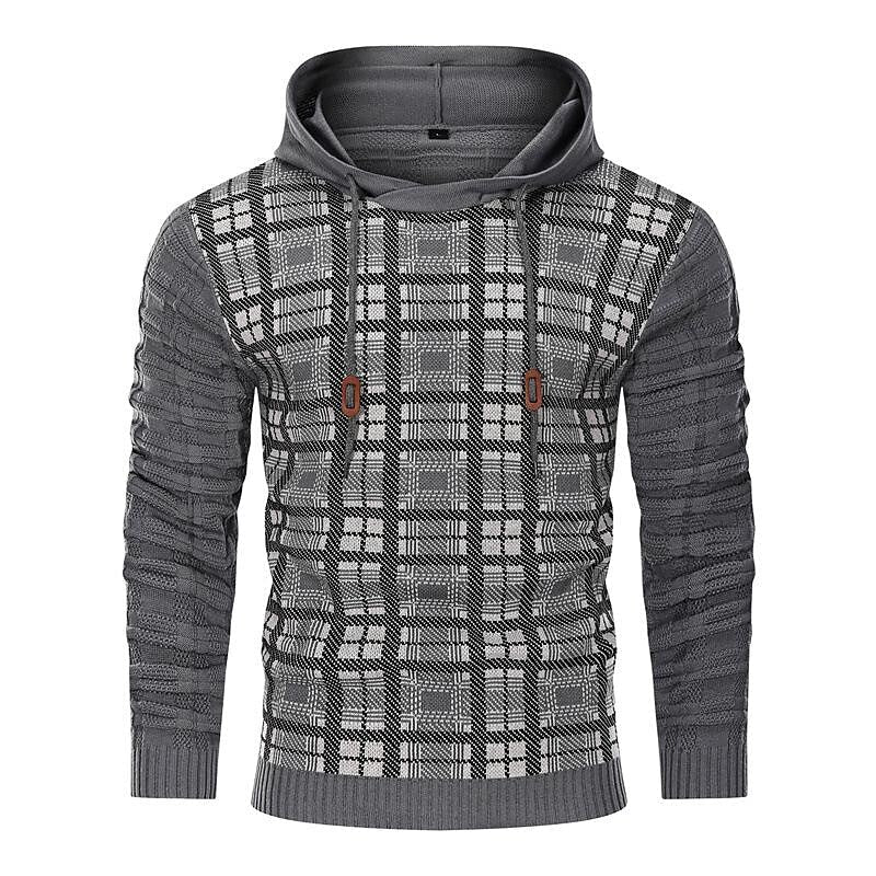 Men's Pullover Color Block Jacquard Check Pattern Hooded Sweater Basic Vintage Style Outdoor Sport