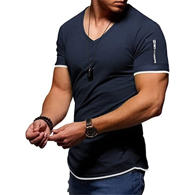 Men's Solid Color V Neck Street Casual T-shirt