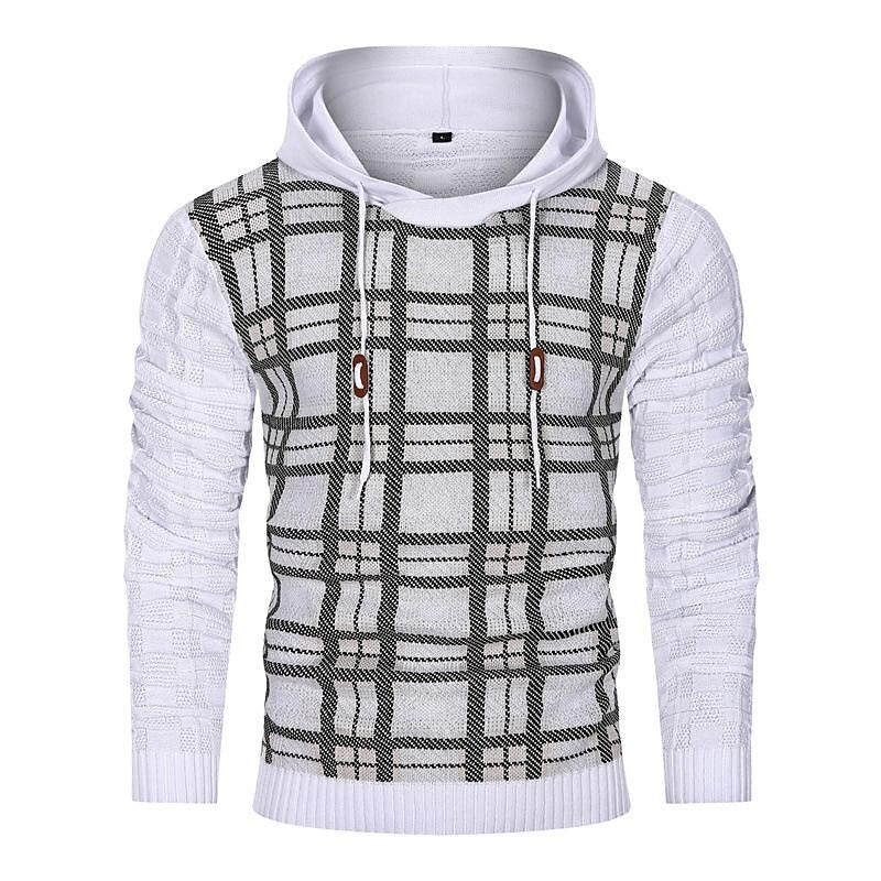 Men's Pullover Color Block Jacquard Check Pattern Hooded Sweater Basic Vintage Style Outdoor Sport