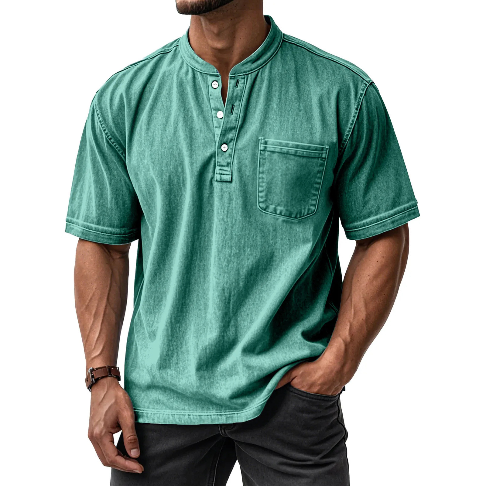 Men's Washed Cotton Short Sleeve Henley T-Shirt