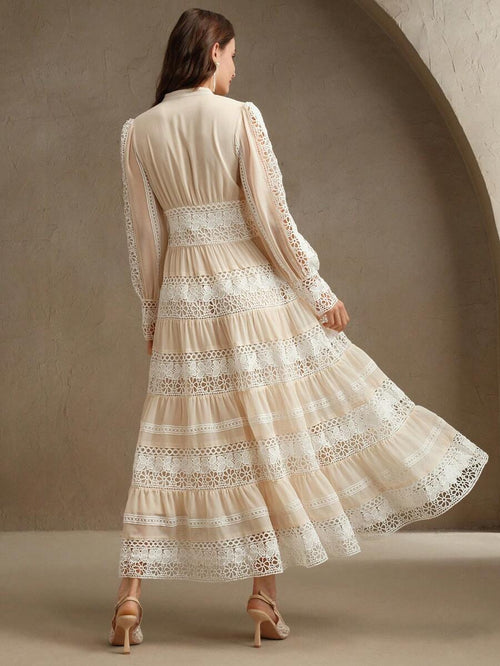 French Fashion Palace Hollow Splice Soft Lace Trim Maxi Dress