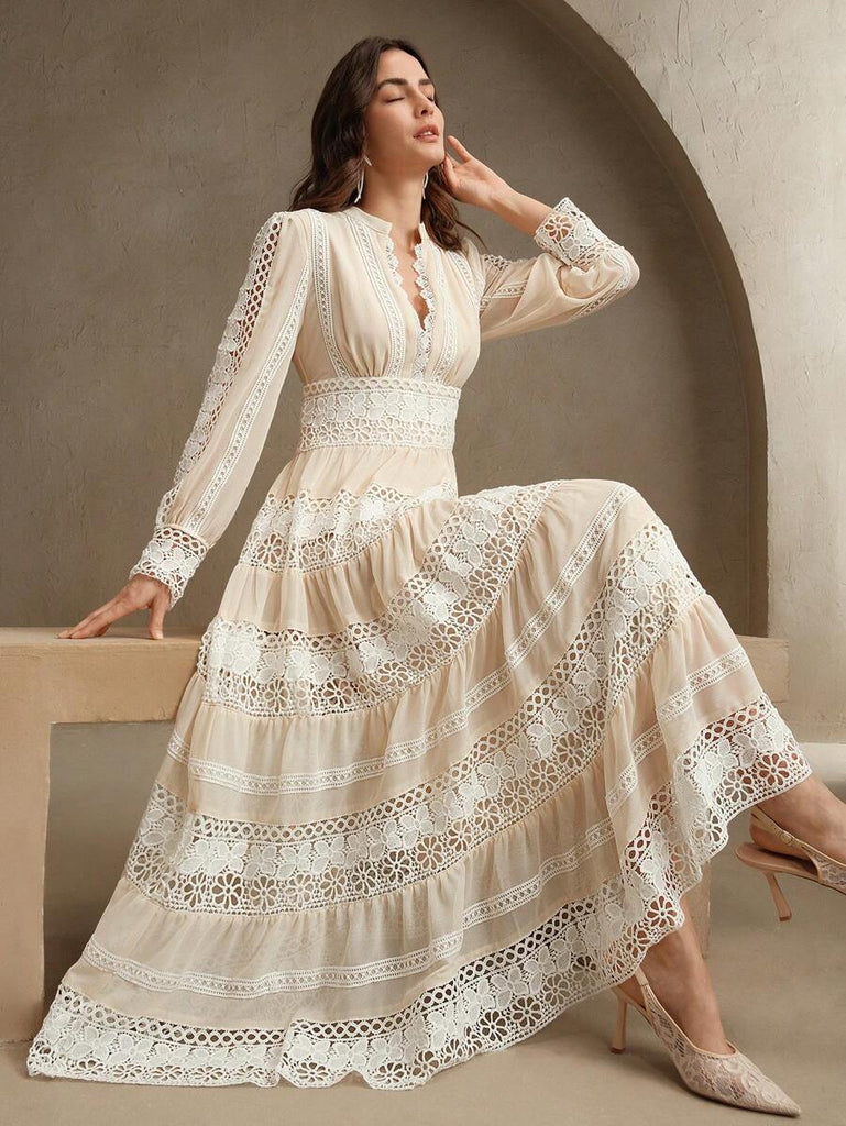 French Fashion Palace Hollow Splice Soft Lace Trim Maxi Dress