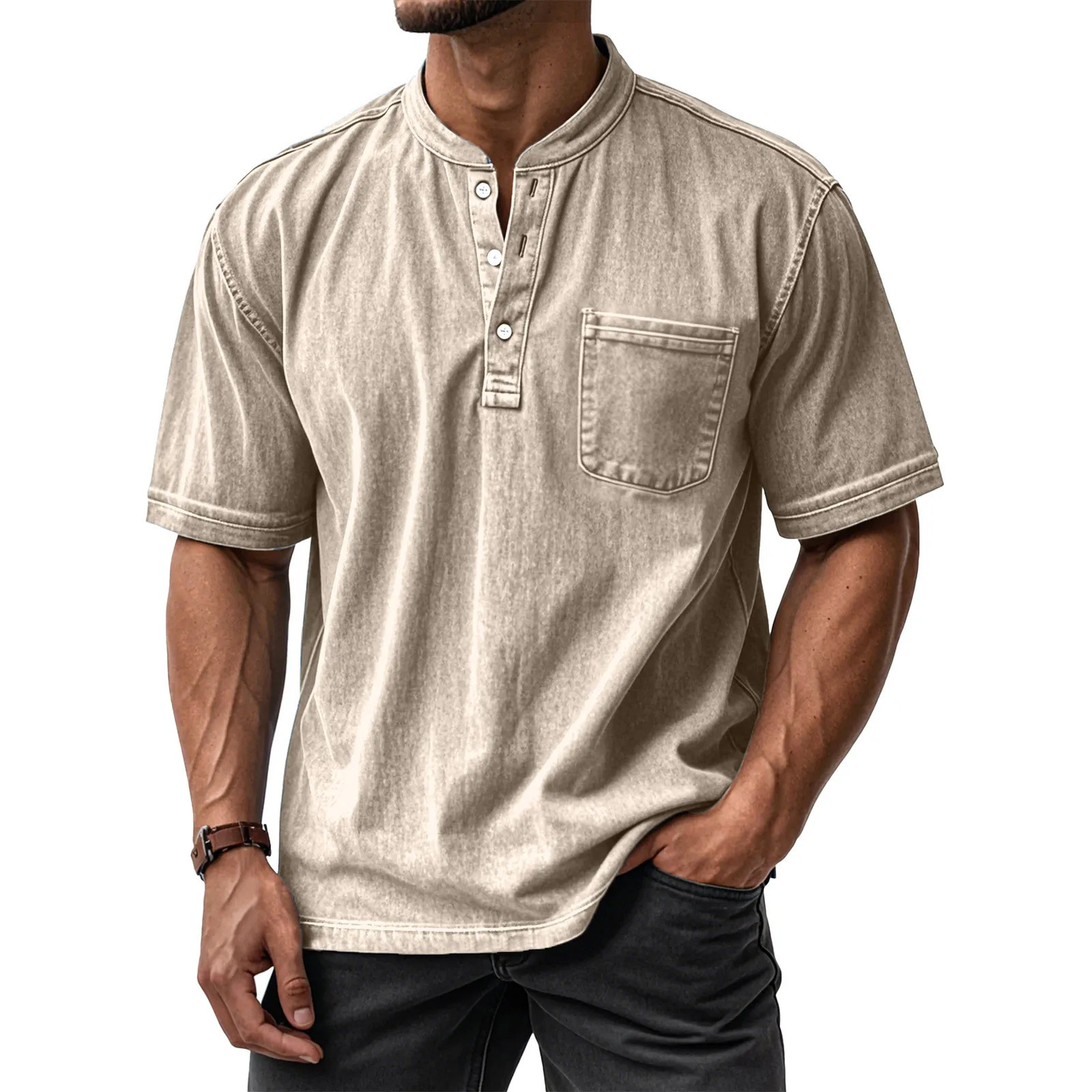 Men's Washed Cotton Short Sleeve Henley T-Shirt