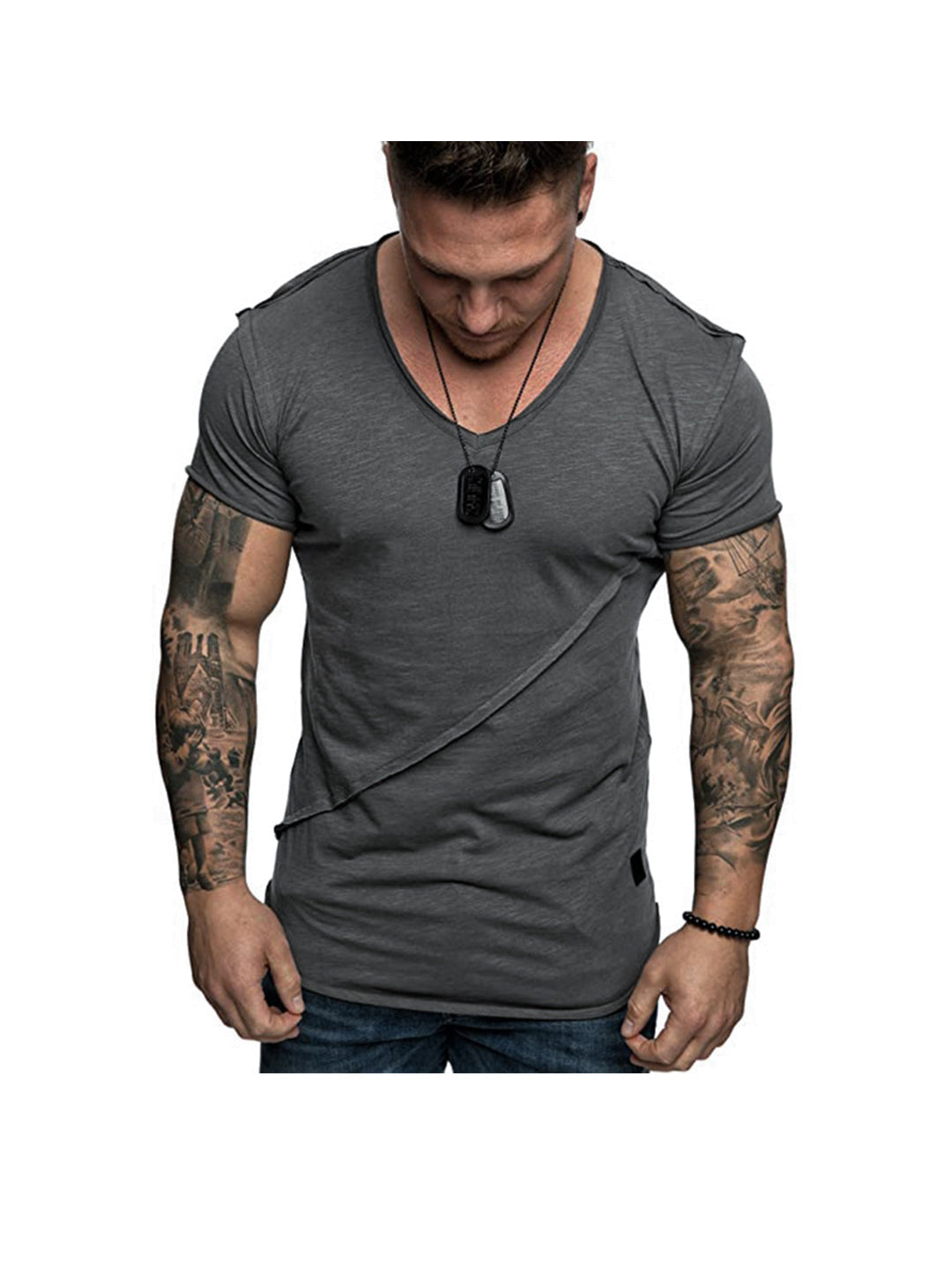 Dennis Diagonal Patchwork Solid Color V-neck T-shirt