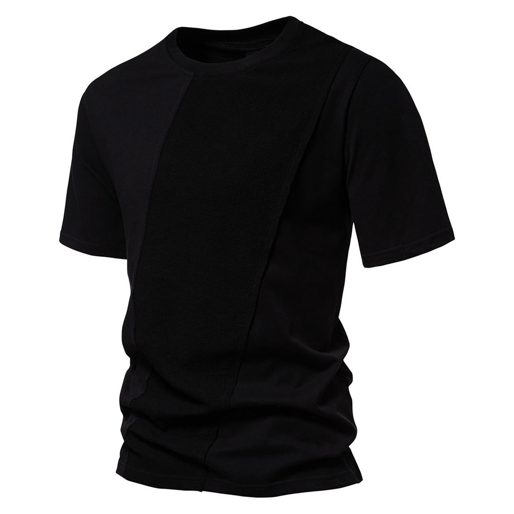 Men's Cotton Waffle Patchwork Round Neck Short Sleeve T-Shirt