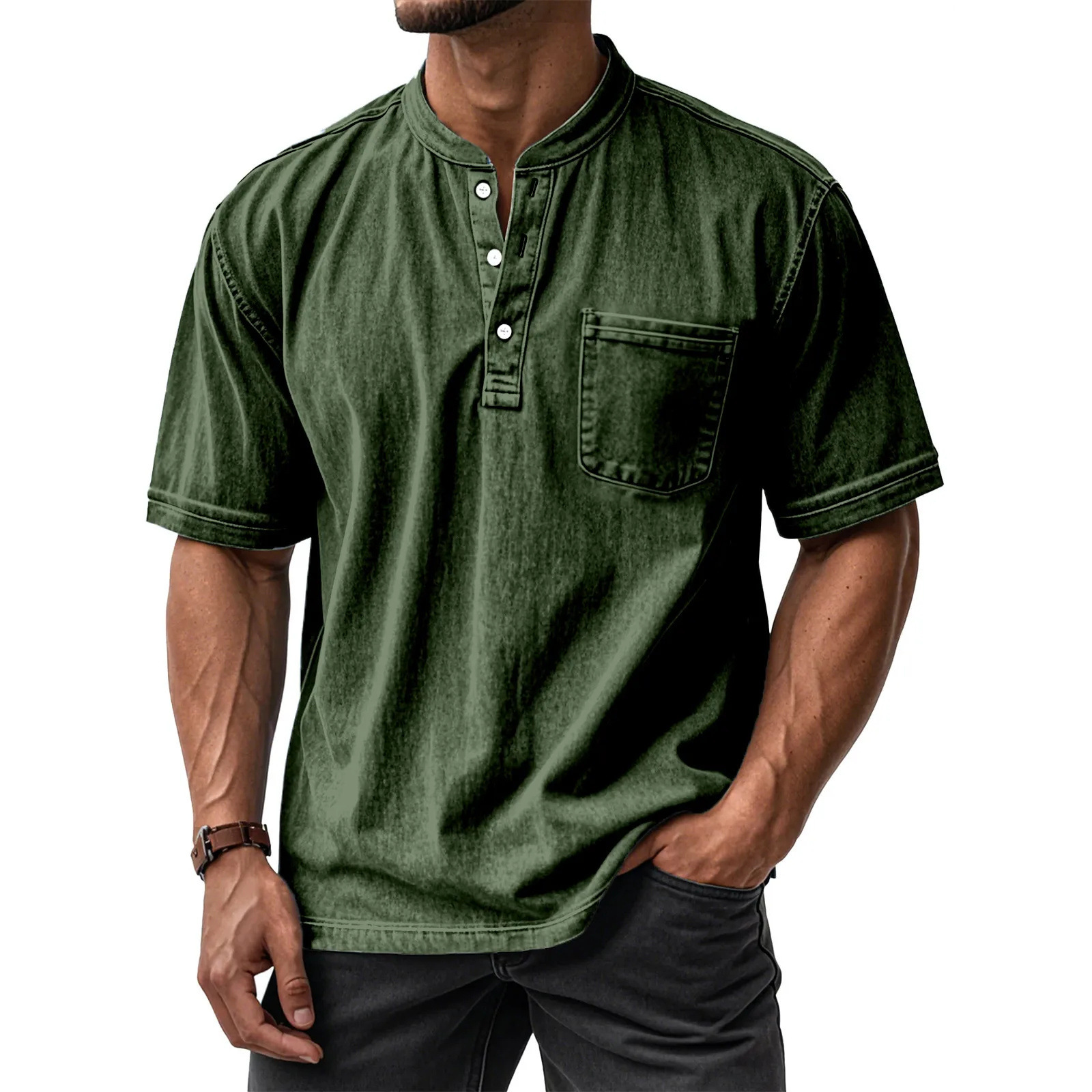 Men's Washed Cotton Short Sleeve Henley T-Shirt