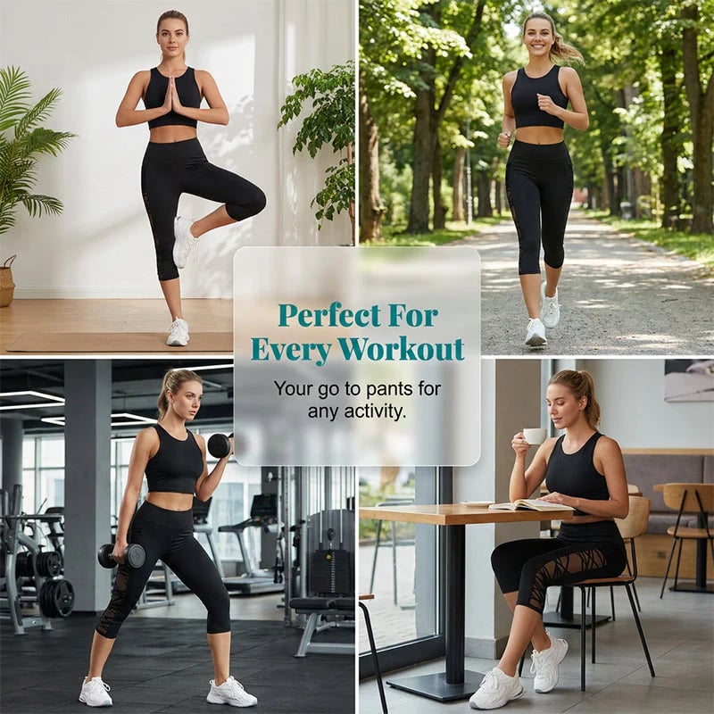 🧘‍♀️ Women's Butt-Lifting Mesh Splicing Yoga Leggings – High Waist Tummy Control | 4-Way Stretch | Side Pockets | Squat-Proof Capri Workout Pants 💨