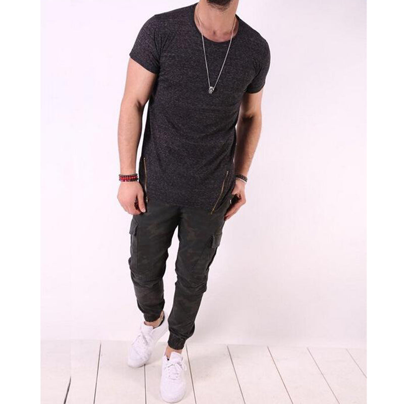 Men's Solid Color Zipper Short-sleeved T-shirt