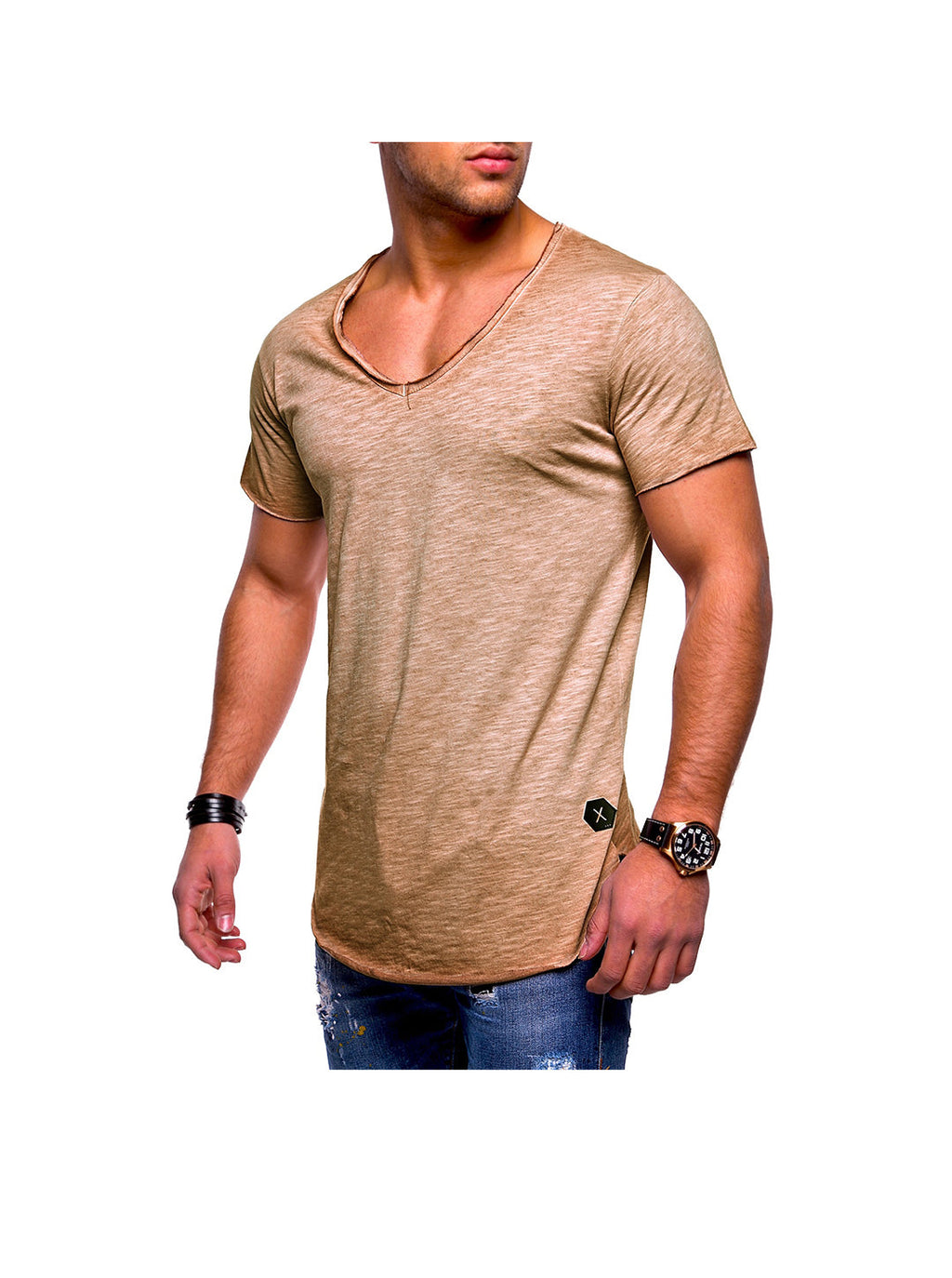 Men's Solid Color V-neck T-shirt With Natural Cut