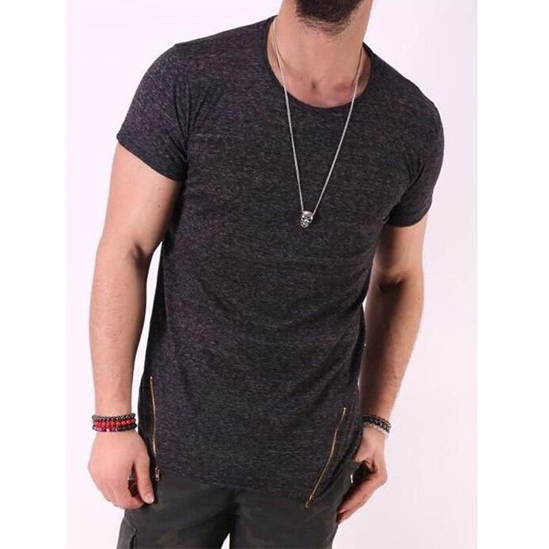 Men's Solid Color Zipper Short-sleeved T-shirt