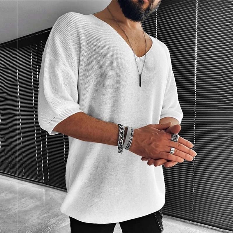 Men's Solid Color V Neck Casual Half Sleeve T-shirt