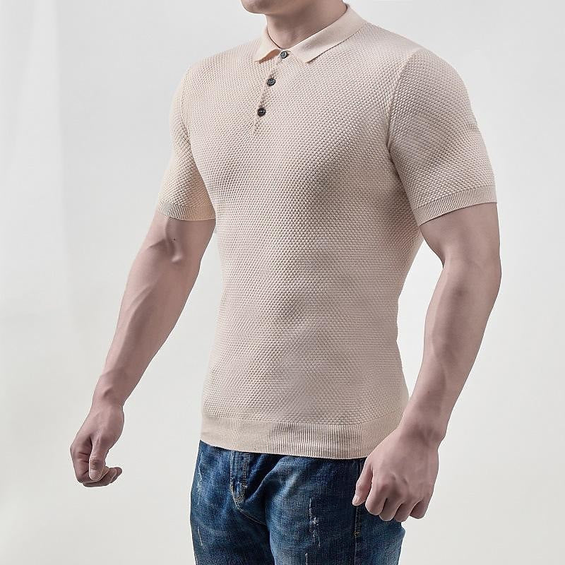Men's Solid Textured Rib Knit Short Sleeve Polo T-Shirt
