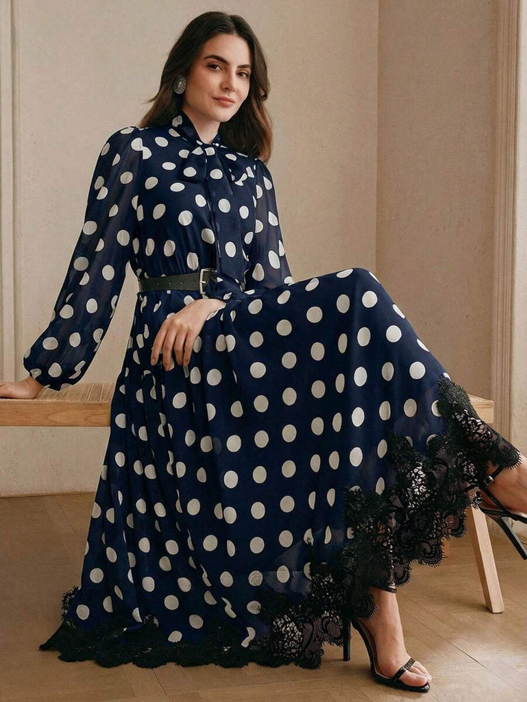 Women's Polka Dot Chiffon Lace Splice Tie Waist Elegant Dress