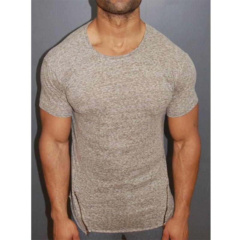 Men's Solid Color Zipper Short-sleeved T-shirt