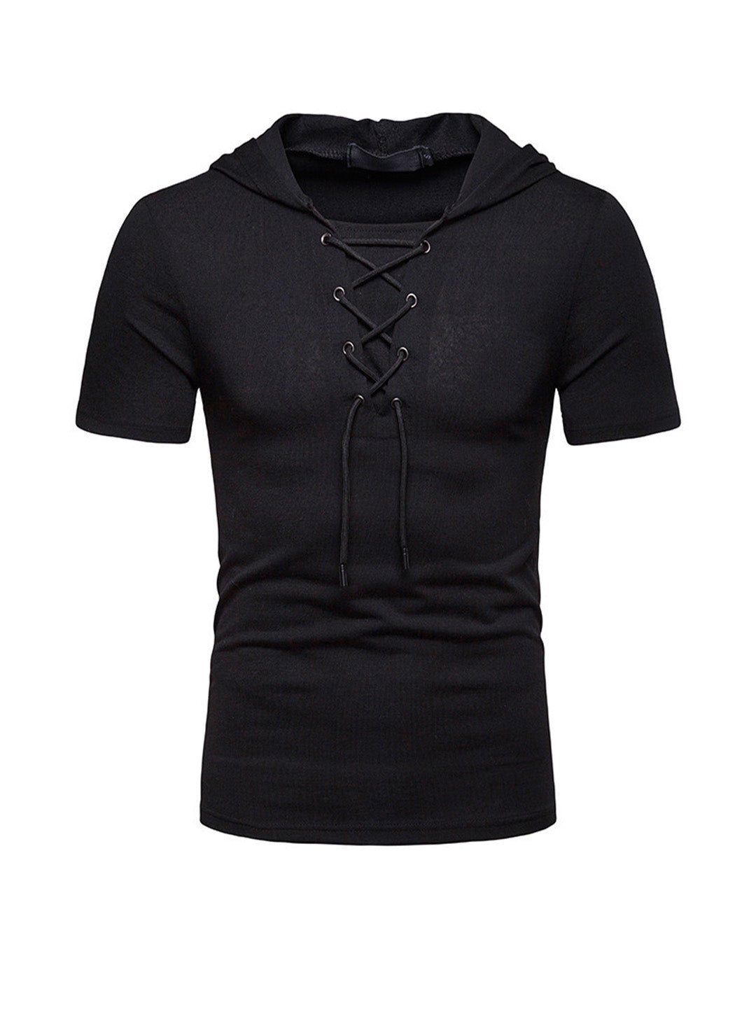 Men's Lace-up Short Sleeve Hooded T-shirt