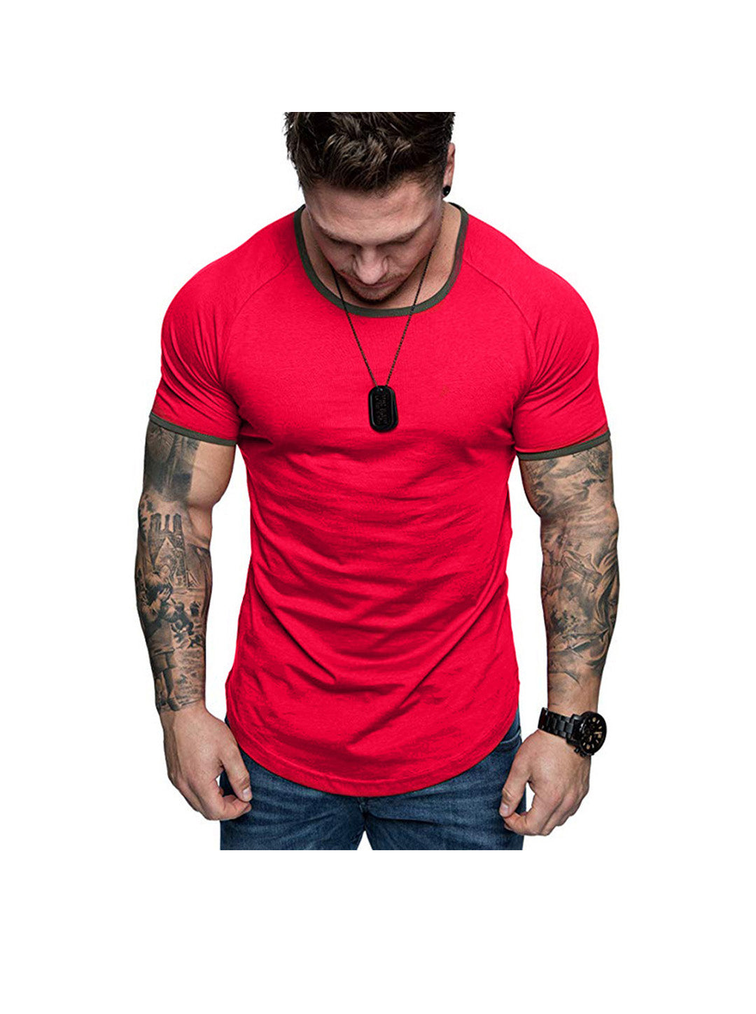 Men's Contrasting Solid Color Crew Neck Raglan Sleeves T-shirt