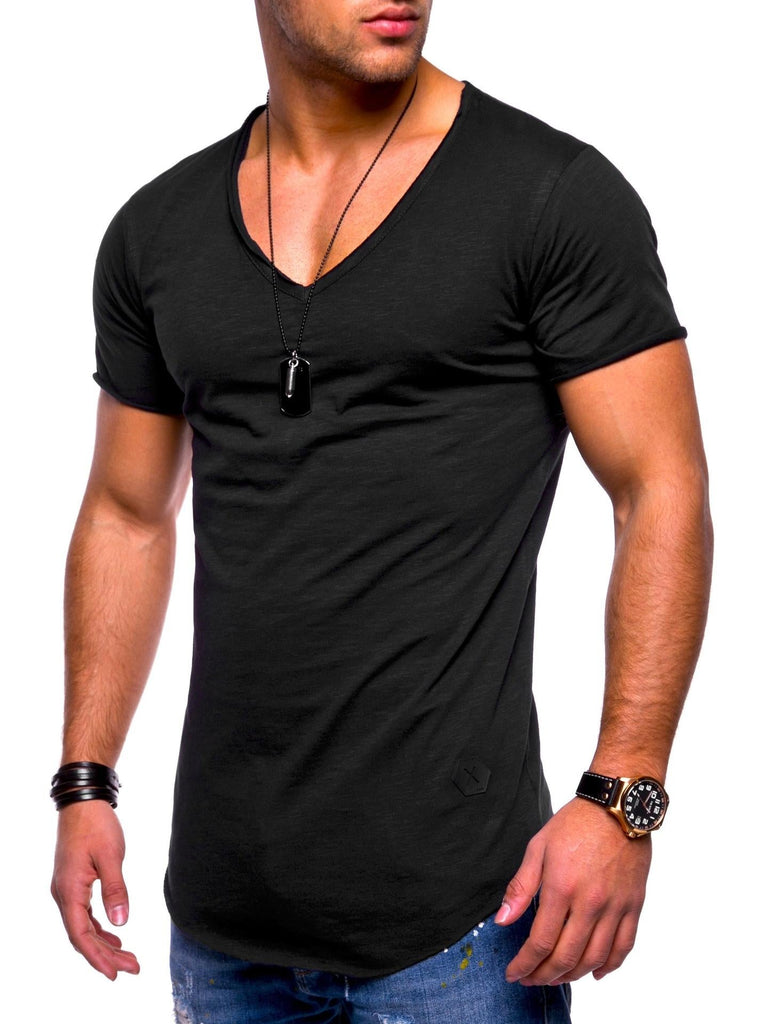 Men's Solid Color V-neck T-shirt With Natural Cut