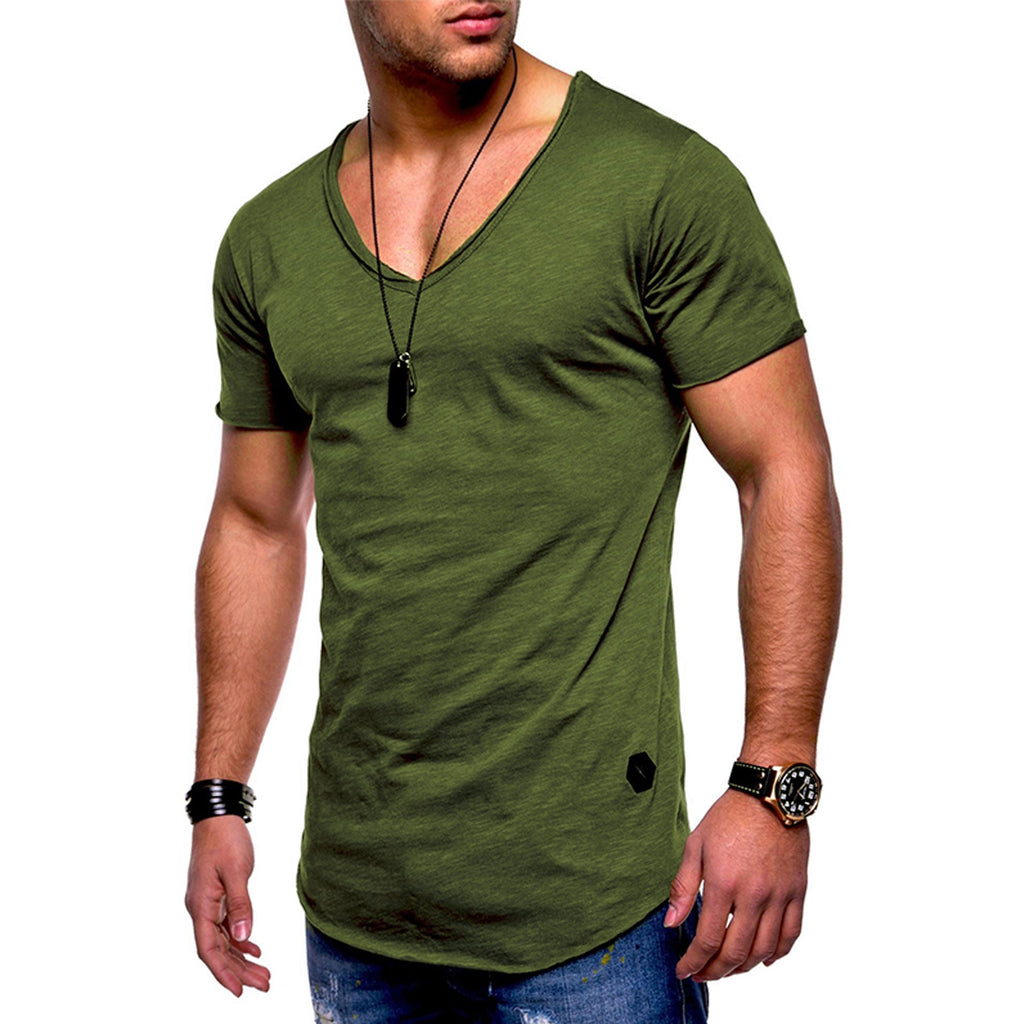 Men's Solid Color V-neck T-shirt With Natural Cut