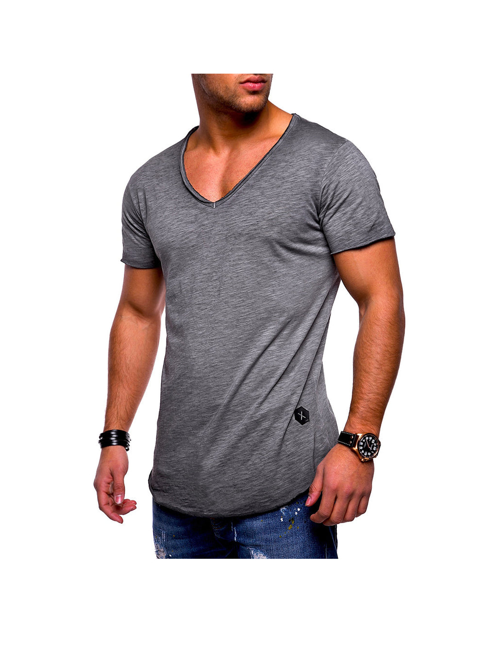 Men's Solid Color V-neck T-shirt With Natural Cut