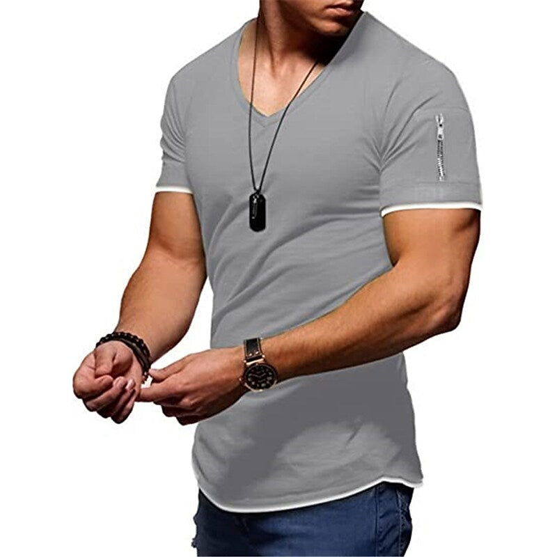 Men's Solid Color V Neck Street Casual T-shirt