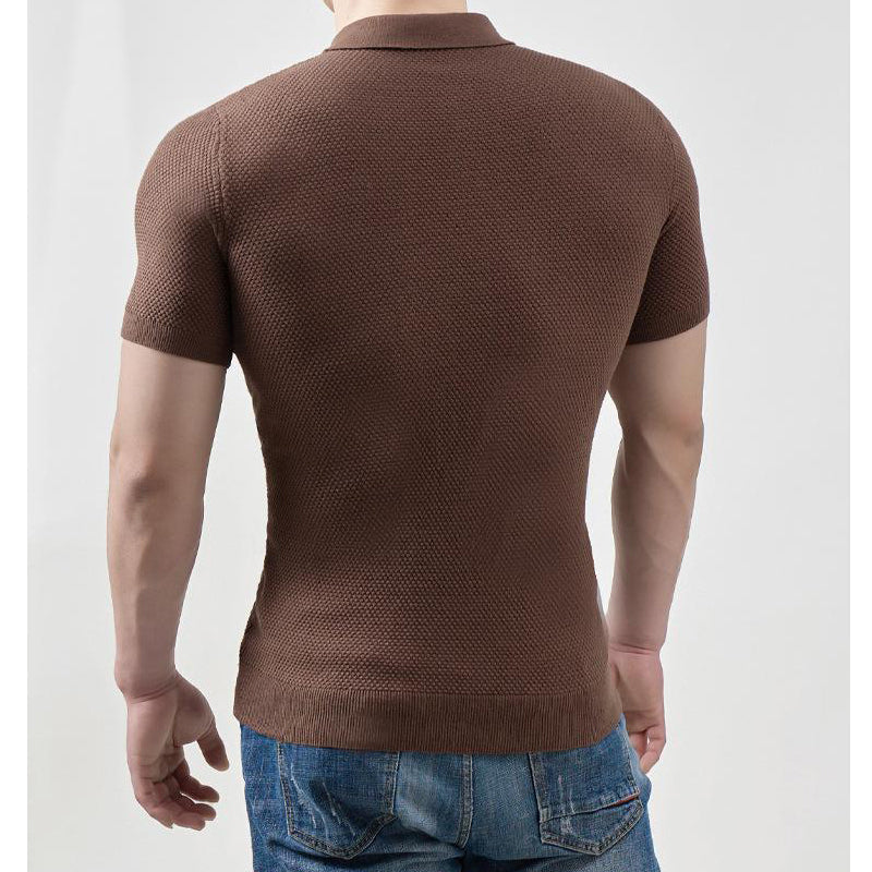 Men's Solid Textured Rib Knit Short Sleeve Polo T-Shirt