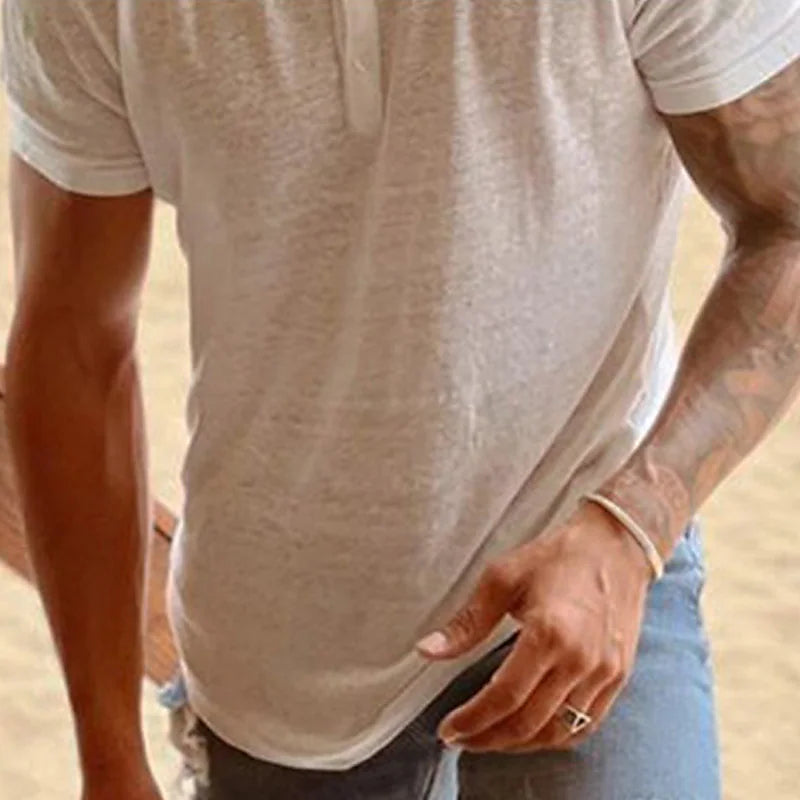 Men's Solid Color Short Sleeve Henley T-shirt