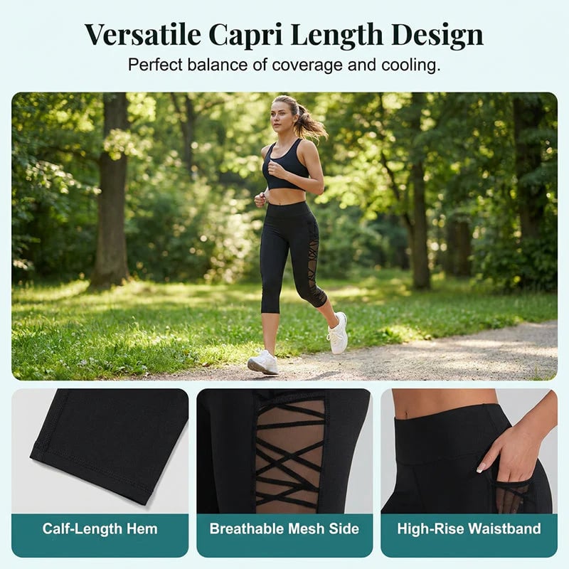 🧘‍♀️ Women's Butt-Lifting Mesh Splicing Yoga Leggings – High Waist Tummy Control | 4-Way Stretch | Side Pockets | Squat-Proof Capri Workout Pants 💨