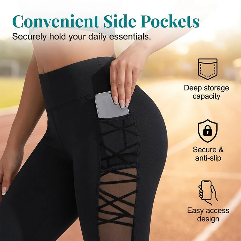🧘‍♀️ Women's Butt-Lifting Mesh Splicing Yoga Leggings – High Waist Tummy Control | 4-Way Stretch | Side Pockets | Squat-Proof Capri Workout Pants 💨
