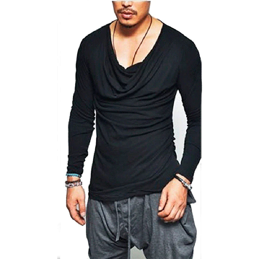 Men's Solid Color Cowl Casual Long Sleeve T-shirt