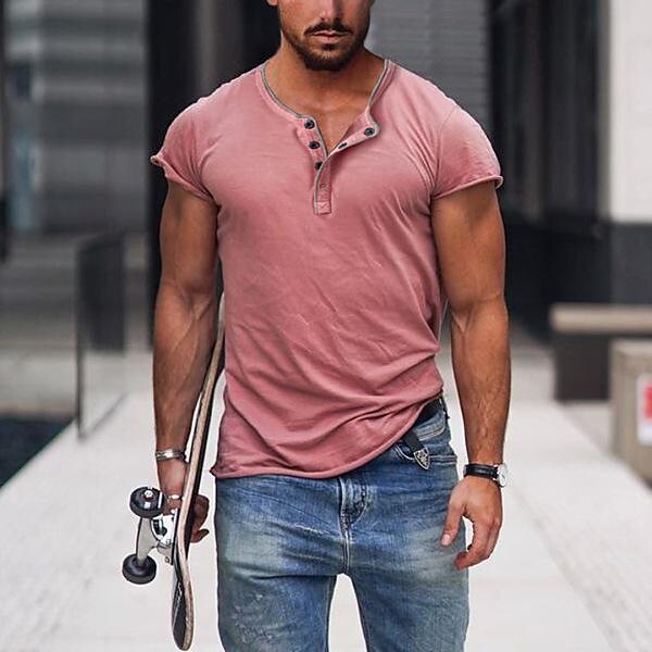 Men's Henry-neck Solid Color Breathable T-Shirt