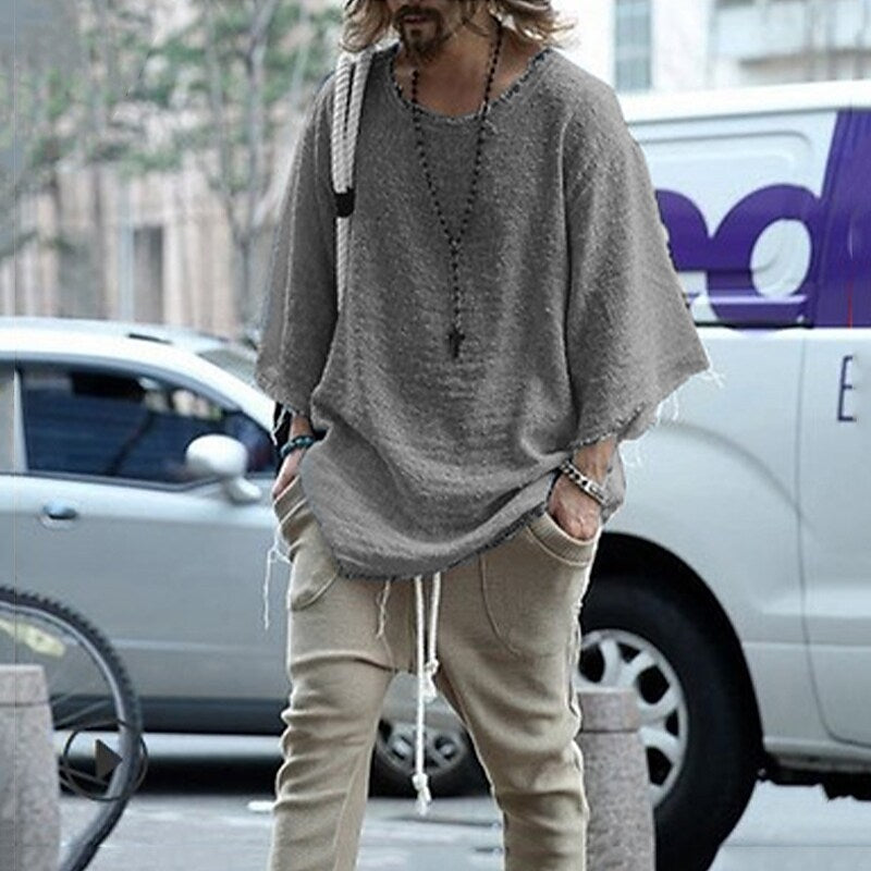 Men's Solid Color Towel Fabric Round Neck Casual Long Sleeve T-shirt