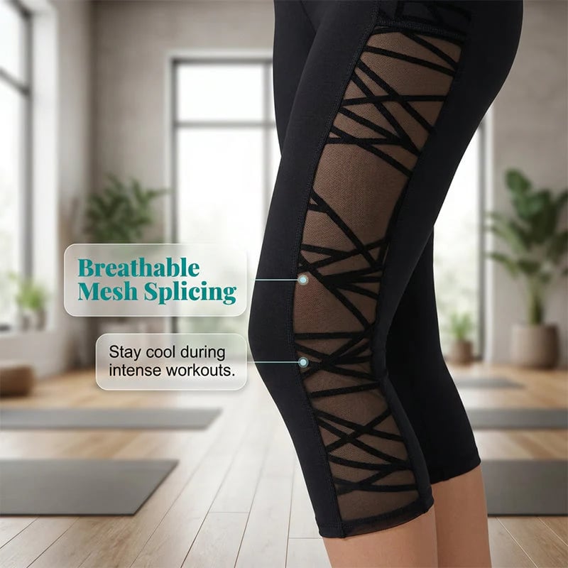 🧘‍♀️ Women's Butt-Lifting Mesh Splicing Yoga Leggings – High Waist Tummy Control | 4-Way Stretch | Side Pockets | Squat-Proof Capri Workout Pants 💨