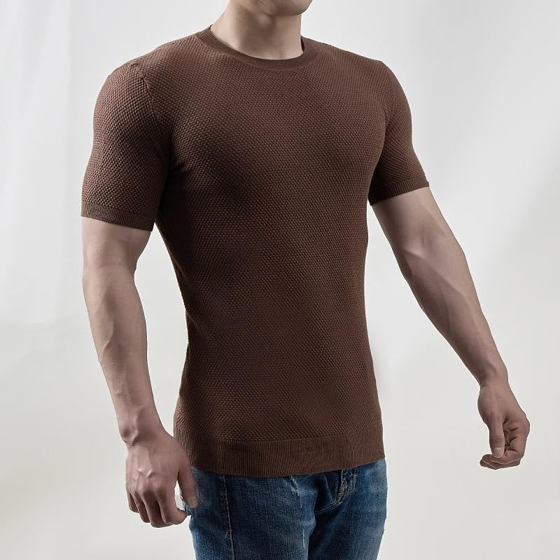 Men's Solid Textured Crew Neck Rib Knit Short Sleeve T-Shirt