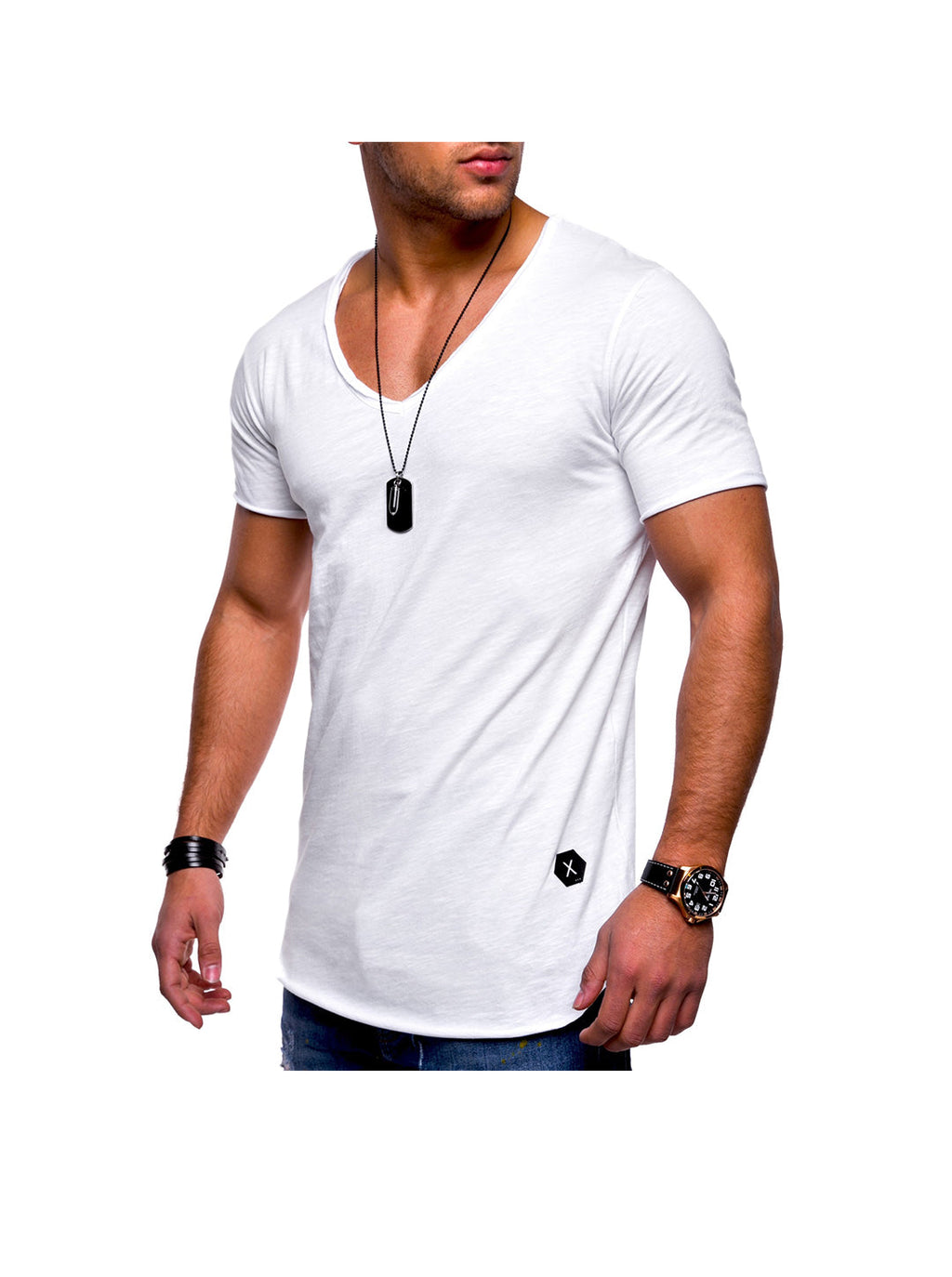 Men's Solid Color V-neck T-shirt With Natural Cut