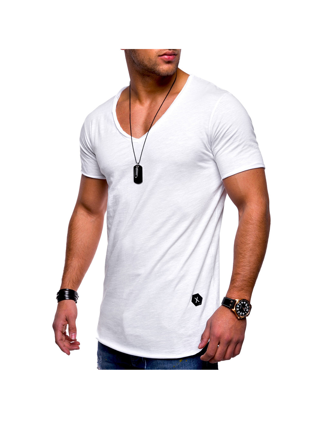 Men's Solid Color V-neck T-shirt With Natural Cut