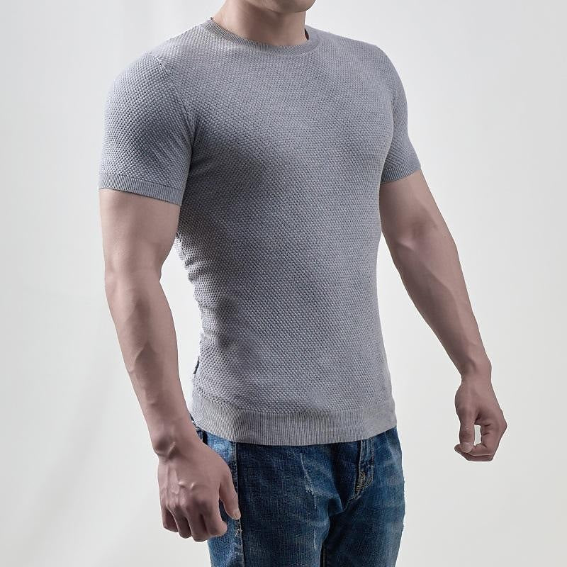 Men's Solid Textured Crew Neck Rib Knit Short Sleeve T-Shirt