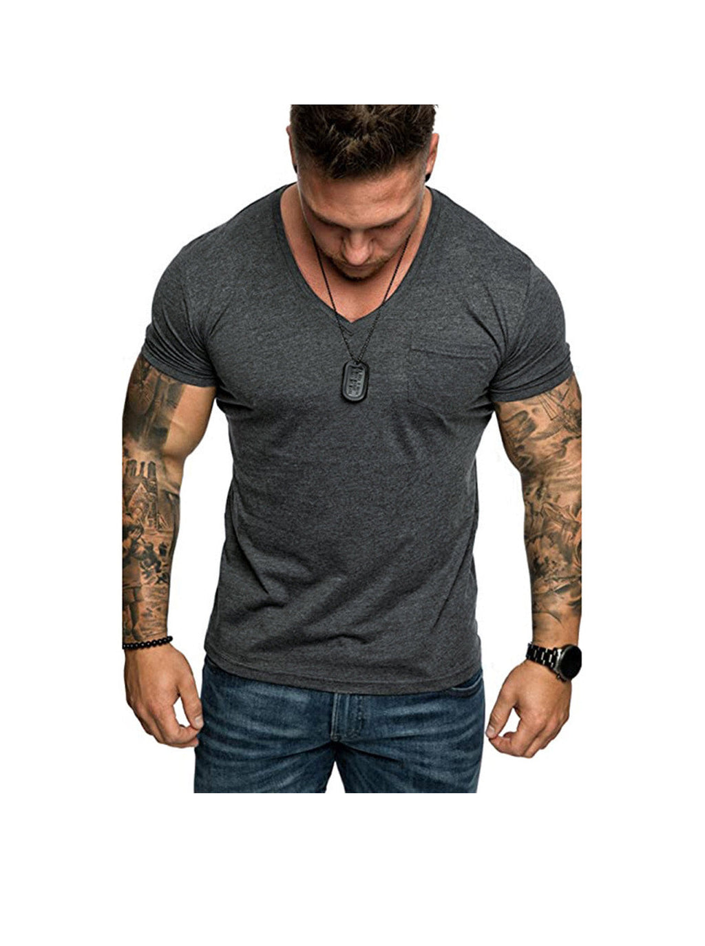 Dennis Solid Color Patch Pocket V-neck T-shirt