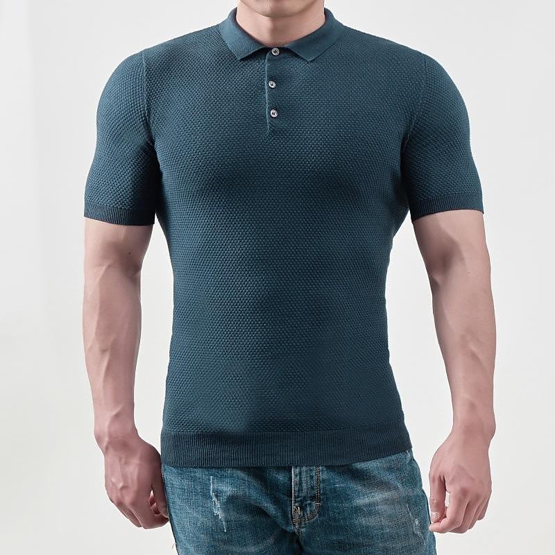 Men's Solid Textured Rib Knit Short Sleeve Polo T-Shirt