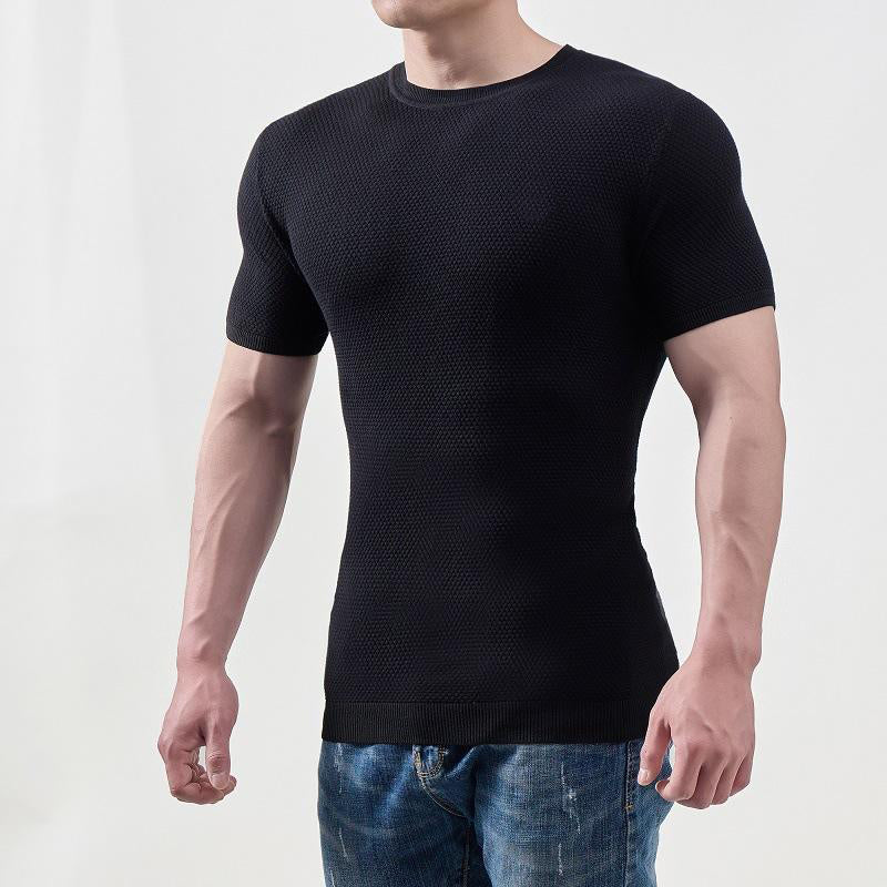 Men's Two-tone Textured Crew Neck Rib Knit Short Sleeve T-Shirt