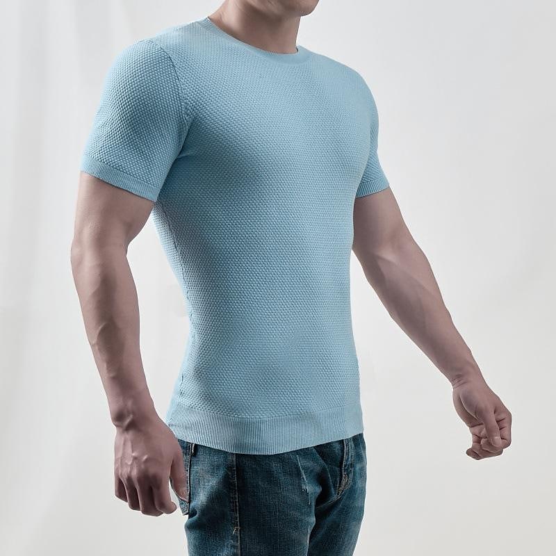 Men's Solid Textured Crew Neck Rib Knit Short Sleeve T-Shirt