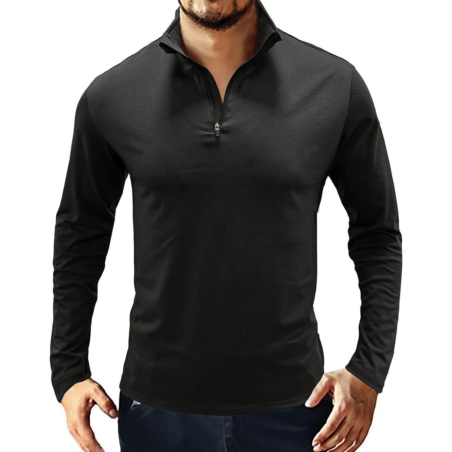 Men's Stand Collar Zip Solid Color Long Sleeve T-Shirt