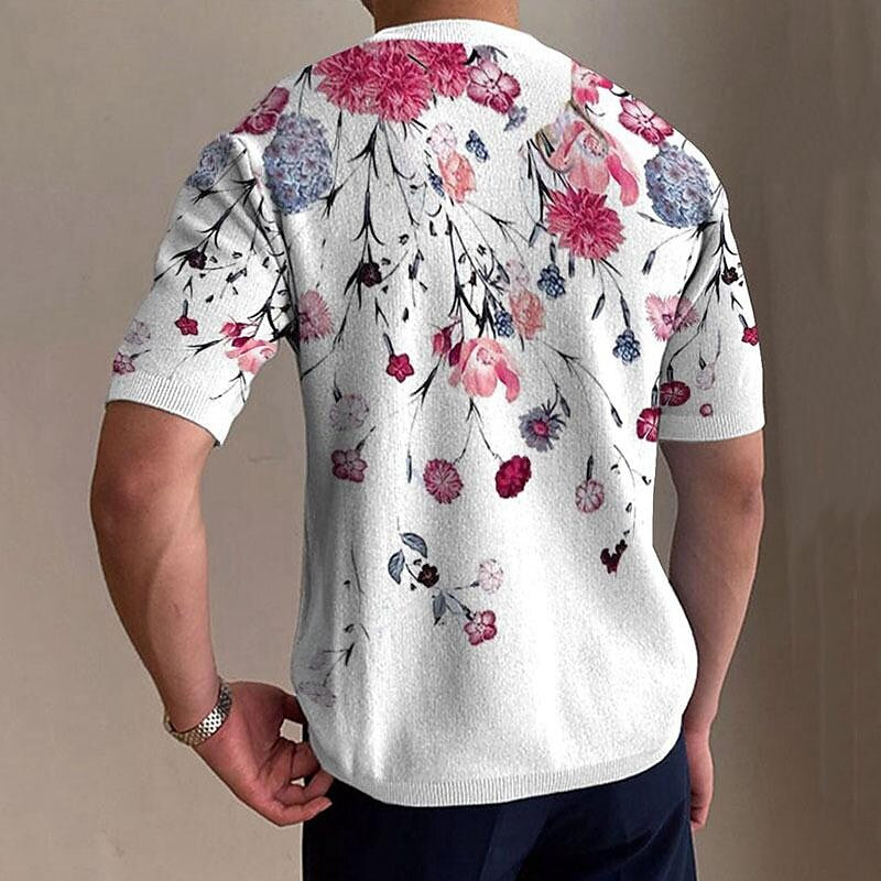 Men's Faux Cotton Knit Crew Neck Fixed Floral Print Short Sleeve T-Shirt