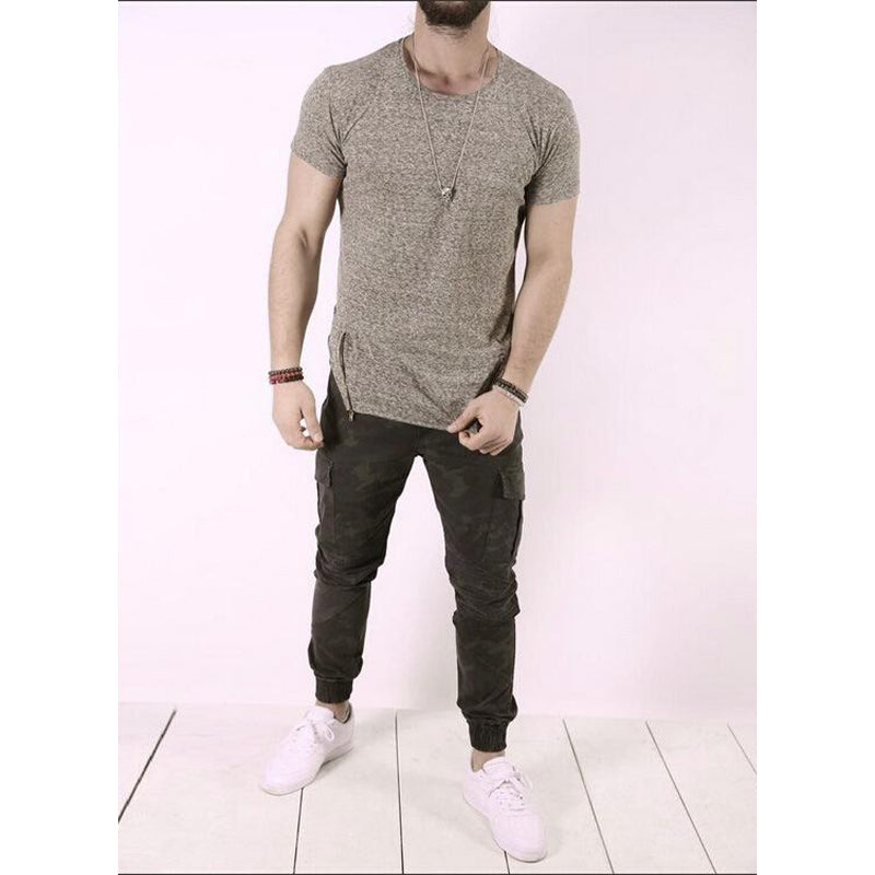Men's Solid Color Zipper Short-sleeved T-shirt