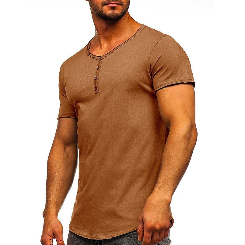 Men's Solid Color Henley Collar Short Sleeve T-Shirt