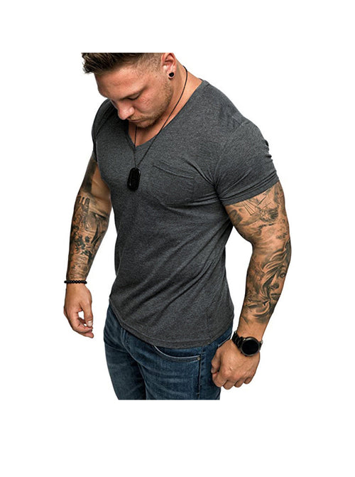 Dennis Solid Color Patch Pocket V-neck T-shirt