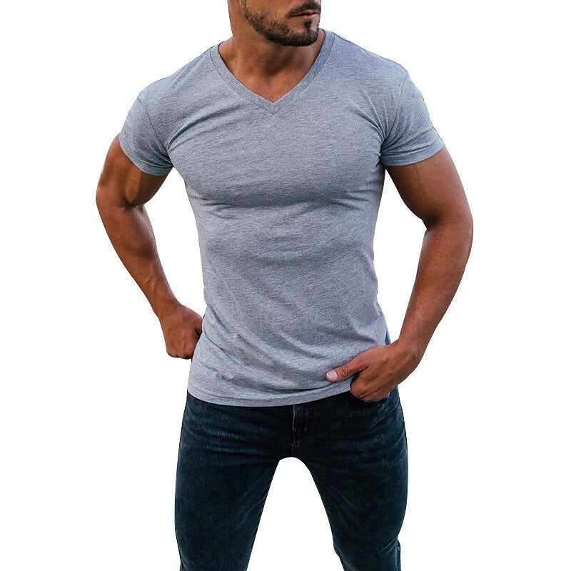 Men's  Solid Color V Neck Street Casual T-shirt